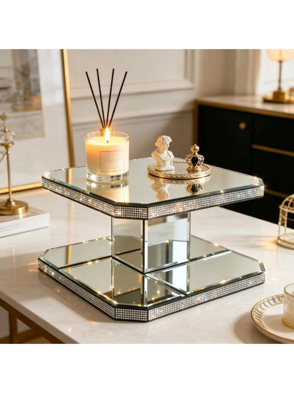 Two-Tier Mirrored Display Riser with Rhinestone Trim - Decorative Glass Stand